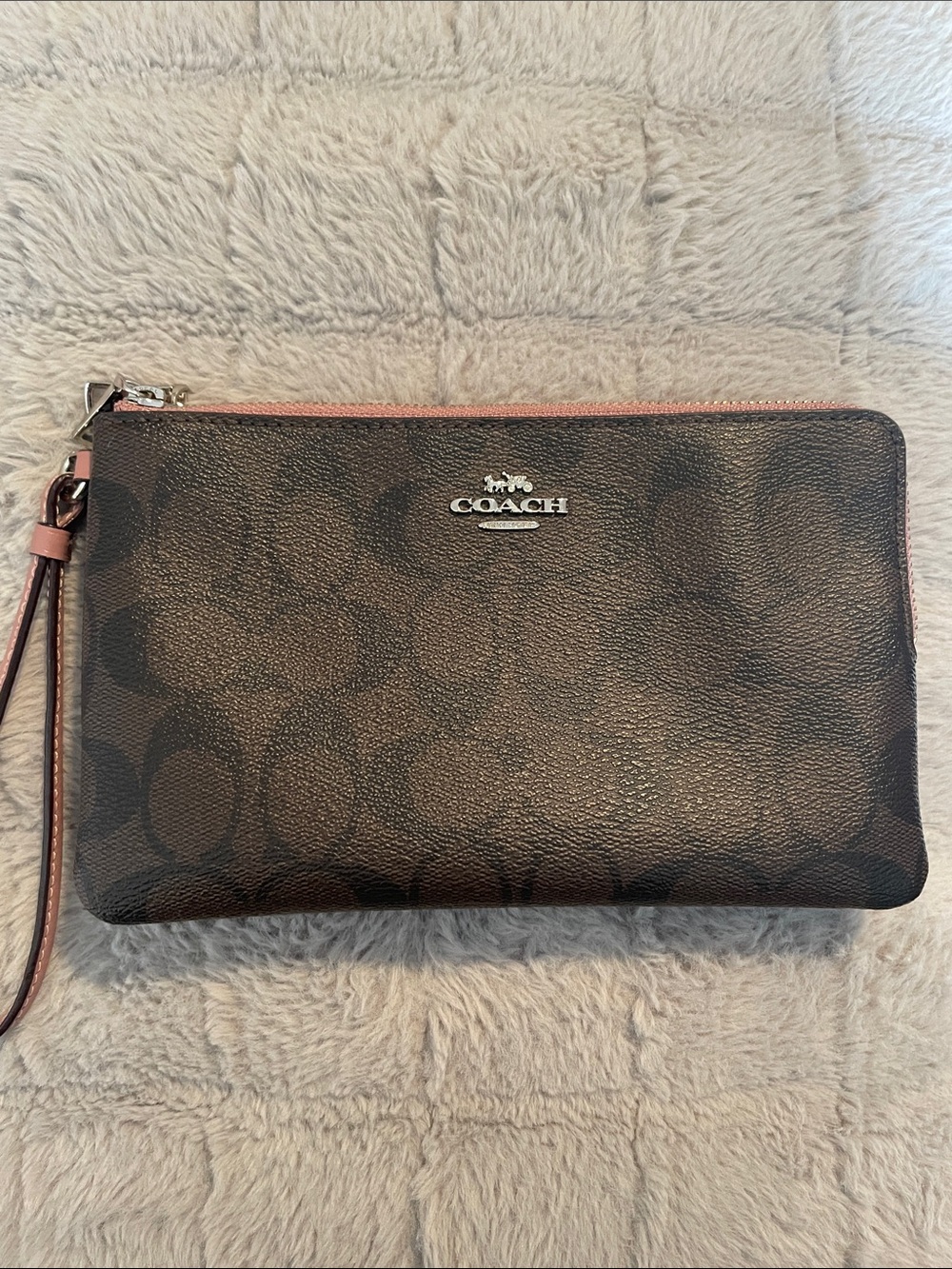 Coach Signature Double Zip Wristlet in Brown with Pink Trim